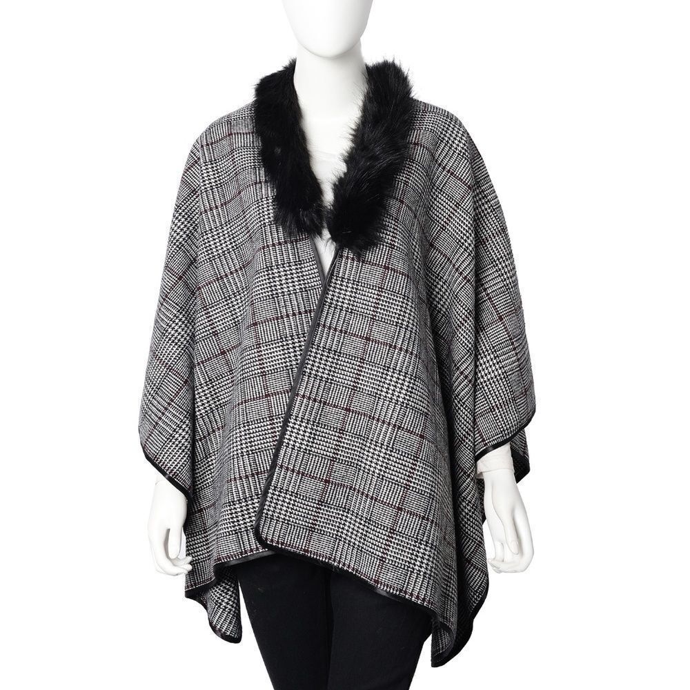 Ruana with Faux Fur Collar Black White Burgundy